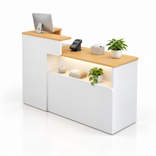 Illuminated Display Reception Counter with Raised Service Ledge — White + Gold Wood Grain, Left Type