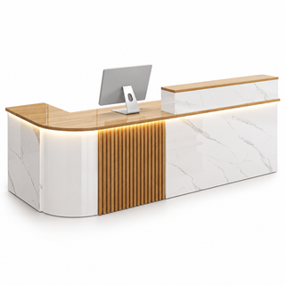 Large L-Shaped Reception Counter with Curved Return and LED Lighting — White Marble-Look + Maple, Left Type