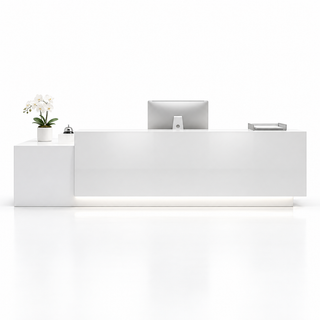 Large Two-Level Reception Counter with LED Lighting and Storage — All White
