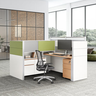 Executive L-Shaped Cubicle Office Desk with Overhead Storage, Integrated Bookcase, and Secure Mobile Filing product view 2
