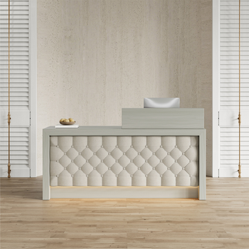 Modern Luxury Reception Desk with Tufted LED Ambient Lighting, and Dual-Level Countertop product view 2