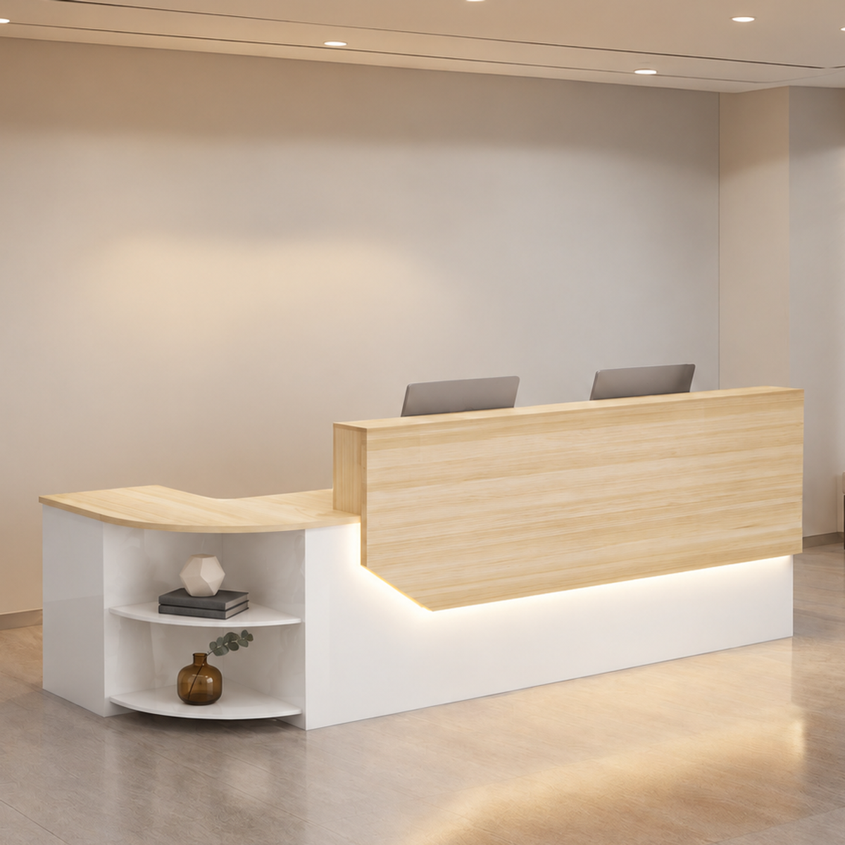 Modern LED Reception Counter with Curved Display Shelves