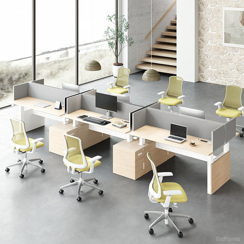 Modern Ergonomic Sit-to-Stand Office Desk with Integrated Storage and Central Privacy Screens for modern office workspace
