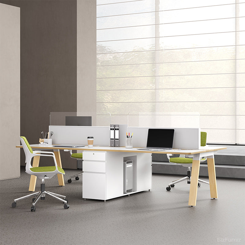 Dual-Station Modular Office Desk with Integrated Storage and White Privacy Screens product view 3