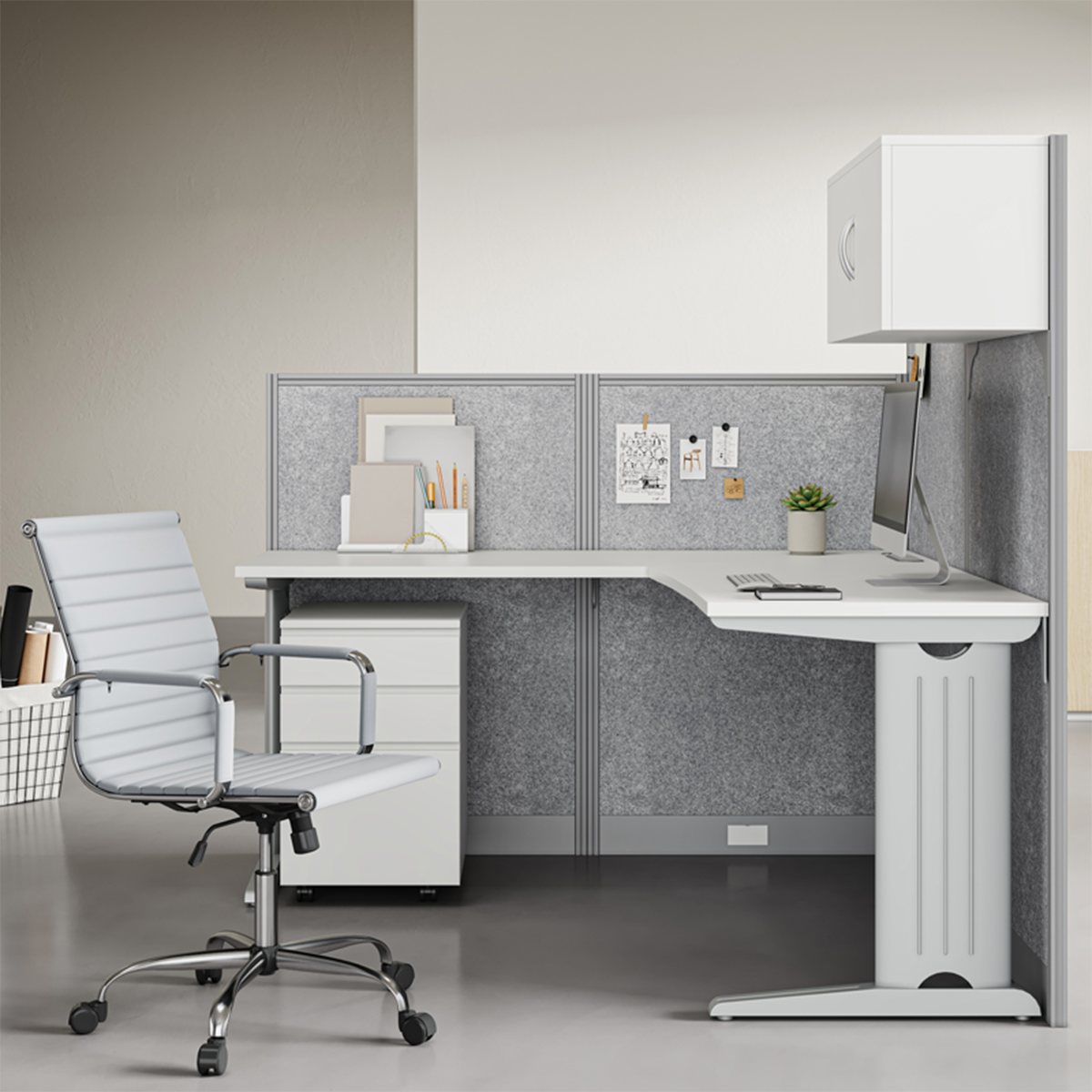 Modular L-Shaped Office Desk with Integrated Storage and Felt Acoustic Panels product view 4