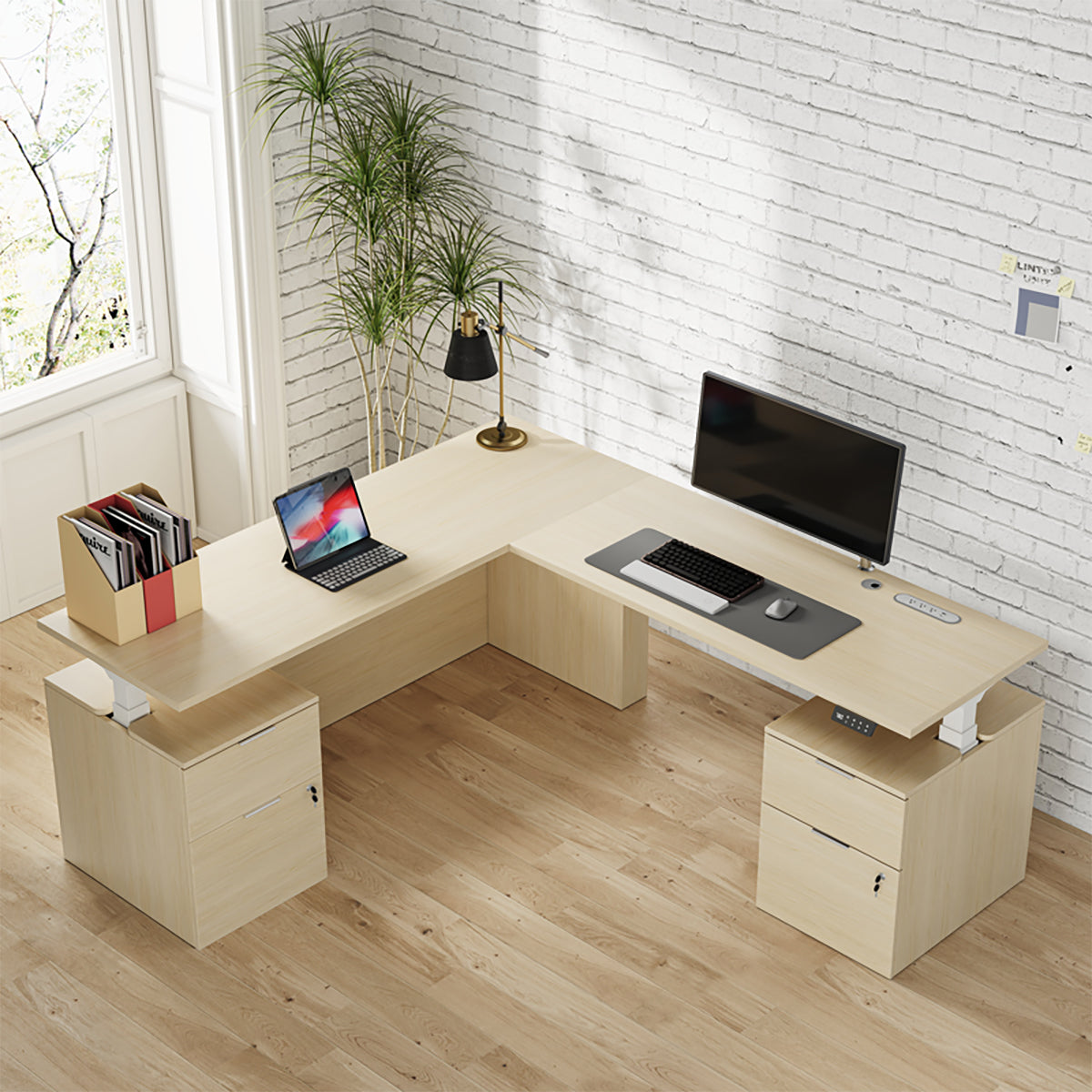 Executive L-Shaped Standing Office Desk with Dual Integrated Mobile File Cabinets, Expansive Sit-Stand Corner product view 5