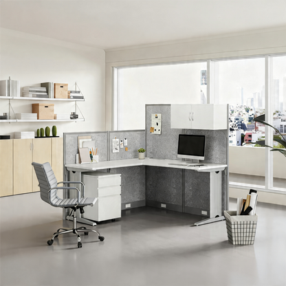 Modular L-Shaped Office Desk with Integrated Storage and Felt Acoustic Panels product view 5