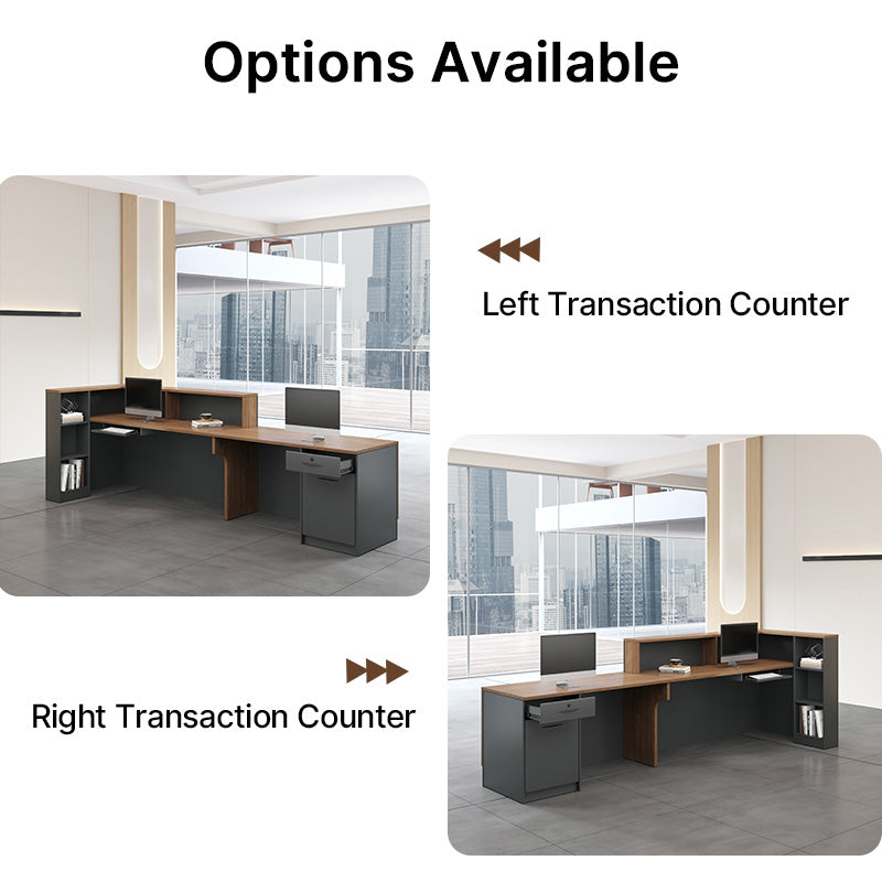 Two office desk configurations labeled 'Left Transaction Counter' and 'Right Transaction Counter' with a cityscape background.