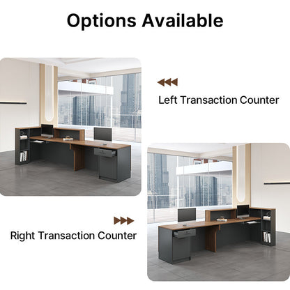 Two office desk configurations labeled 'Left Transaction Counter' and 'Right Transaction Counter' with a cityscape background.