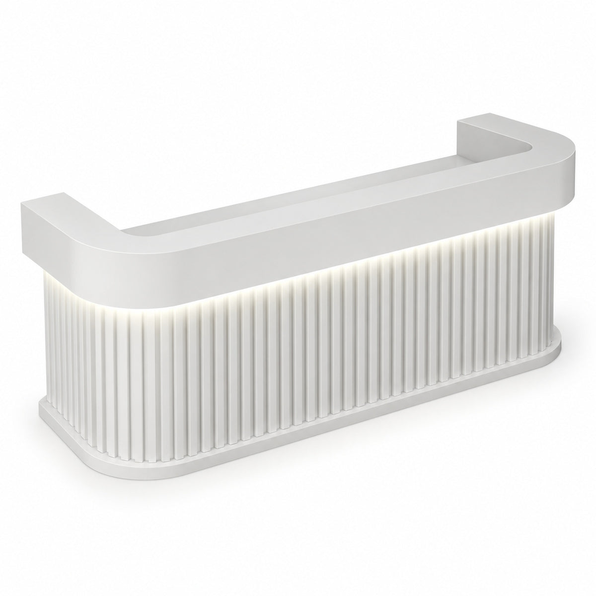 White curved reception desk with dual-level counter and LED-lit fluted front