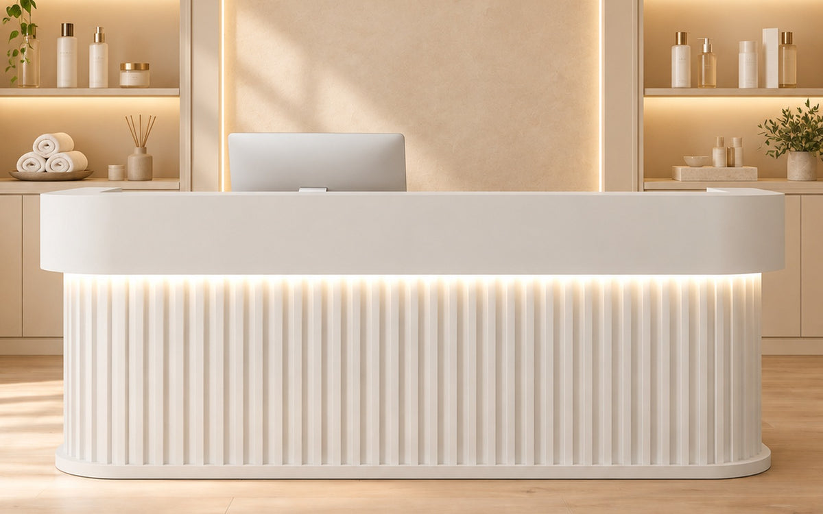 Curved Reception Desk with LED-Lit Fluted Front