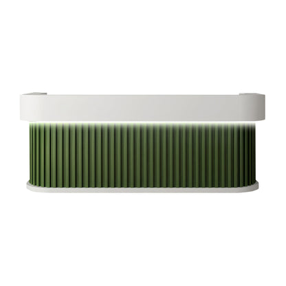 White and green curved reception desk with fluted front