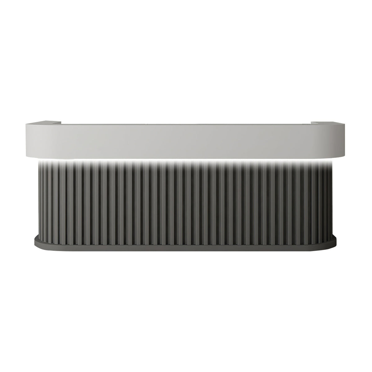 White and grey curved reception desk with fluted front