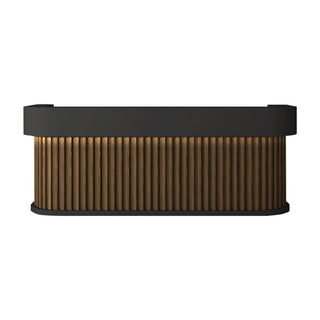 Black and brown curved reception desk with wood-grain fluted front