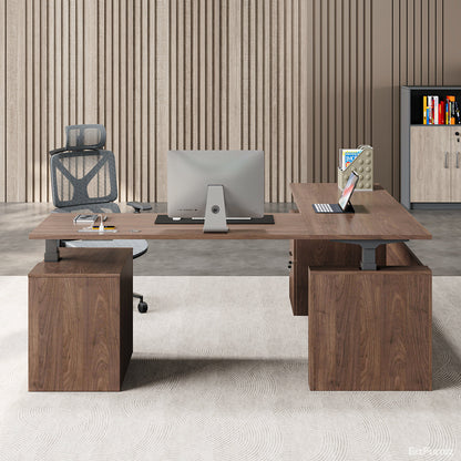 Executive L-Shaped Standing Office Desk with Dual Integrated Mobile File Cabinets, Expansive for modern office workspace