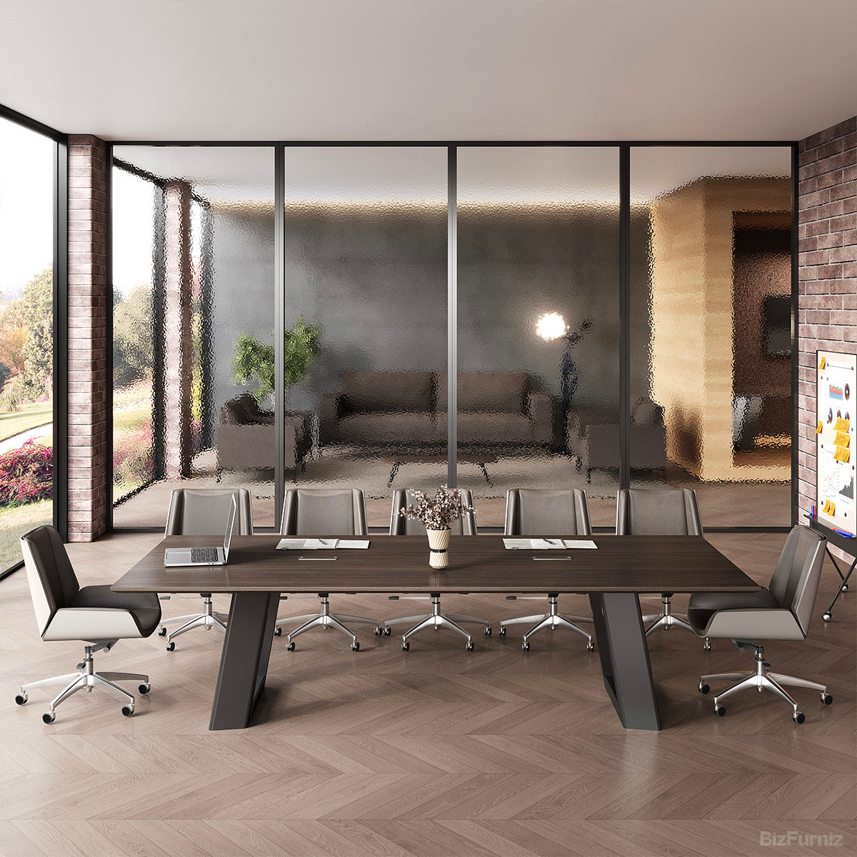 Dark Wood Rectangular Conference Table, Full Front View