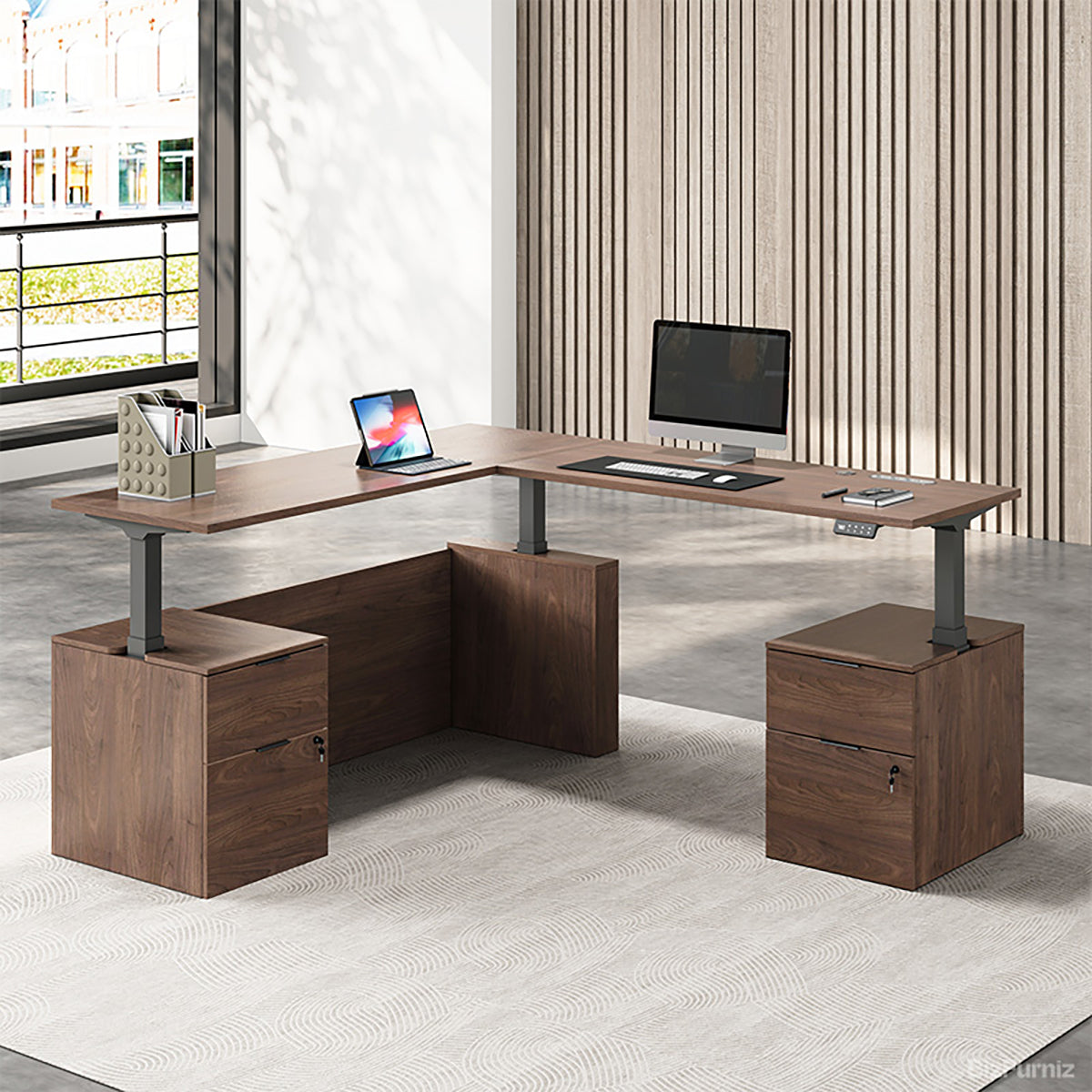 Executive L-Shaped Standing Office Desk with Dual Integrated Mobile File Cabinets, Expansive Sit-Stand Corner product view 3