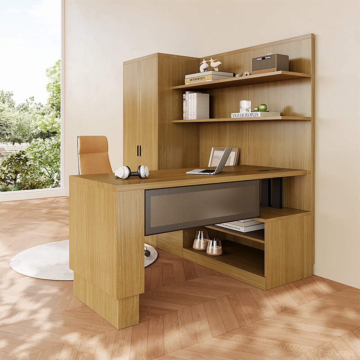 L-Shaped Executive Workstation – Integrated Wardrobe, Multi-Tier Shelving and Modular Storage product view 2