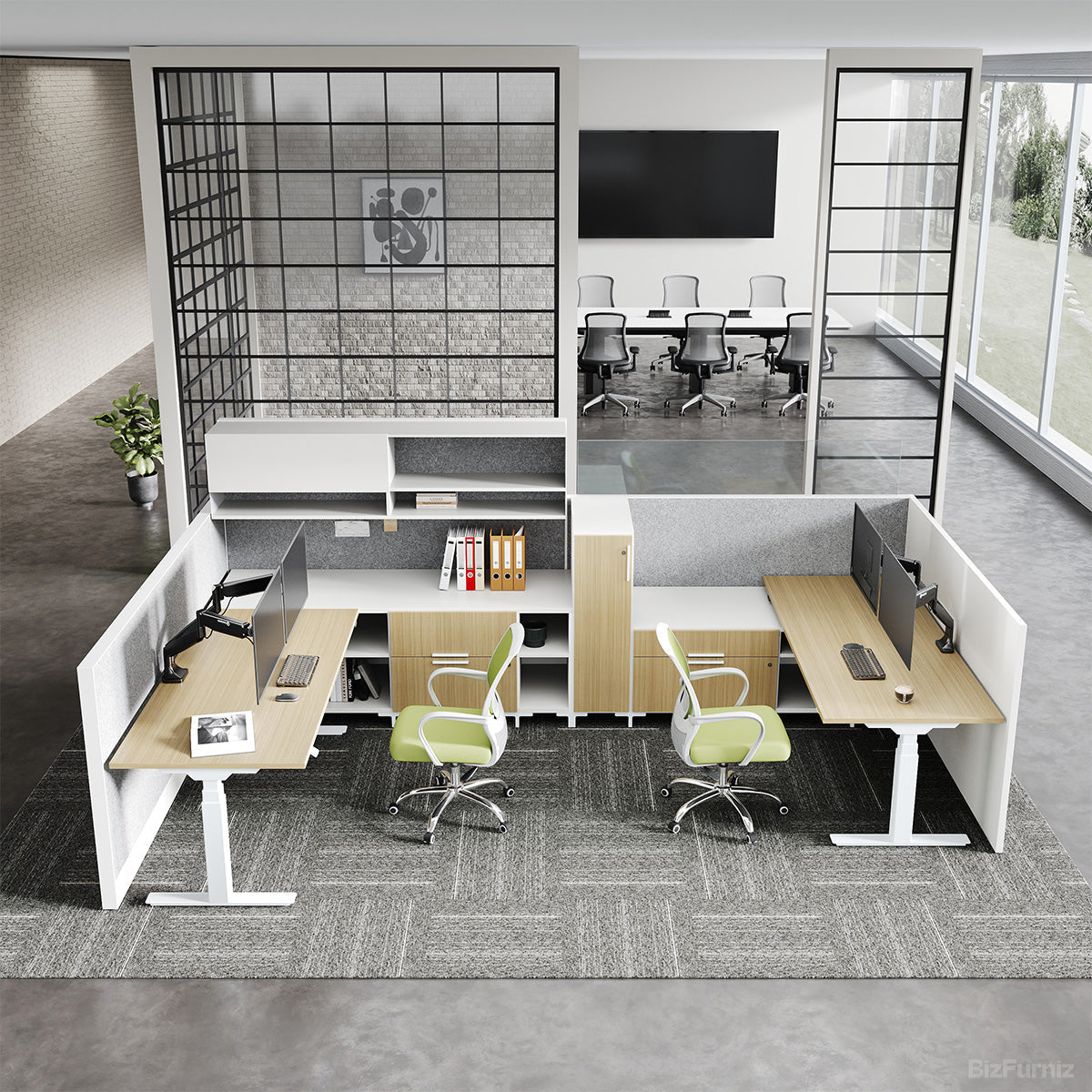 Open Office Cubicle Workstation with 2 Desks, Top-Overhead View
