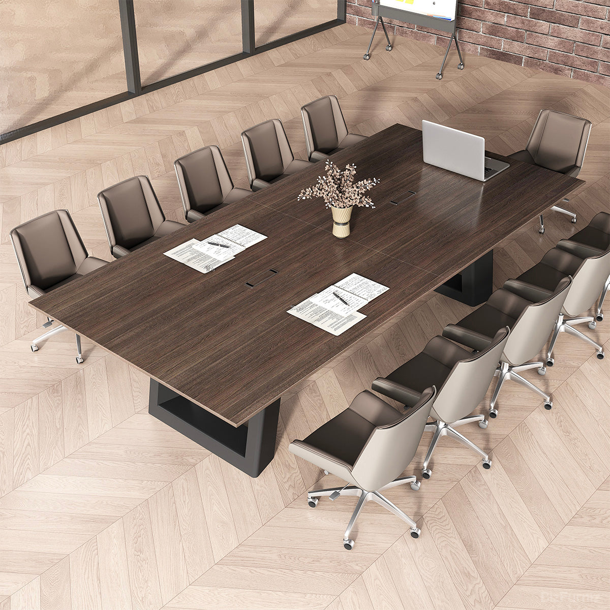 Spacious Wood Conference Desk, Overhead Top-Down View