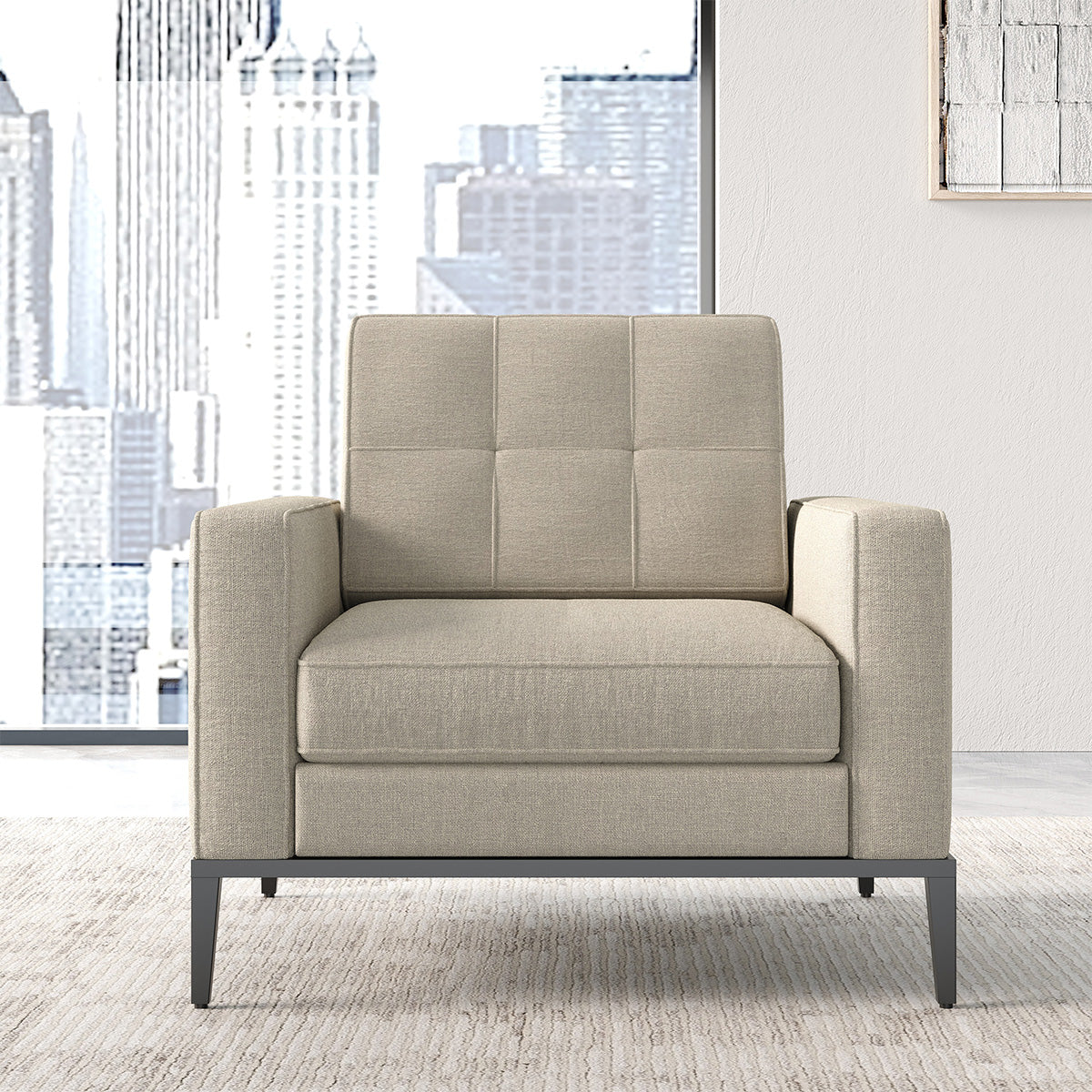 Beige Fabric Armchair with Black Metal Legs, Front View