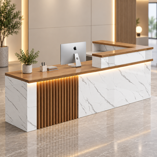 L-Shaped Reception Counter with Slatted Feature Panel and LED Lighting