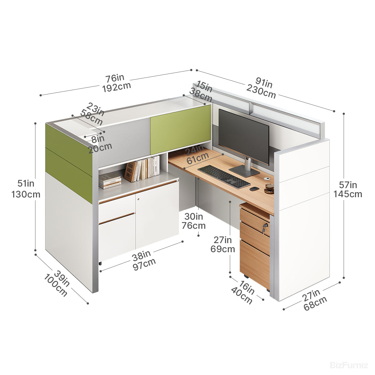 Executive L-Shaped Cubicle Office Desk with Overhead Storage, Integrated Bookcase, and Secure Mobile Filing product view 5