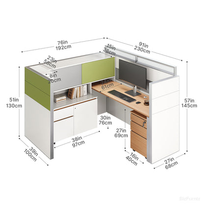 Executive L-Shaped Cubicle Office Desk with Overhead Storage, Integrated Bookcase, and Secure Mobile Filing product view 5