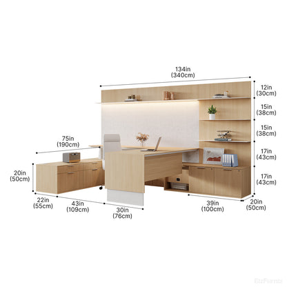 Wooden L-shaped office desk with dimensions labeled on a white background
