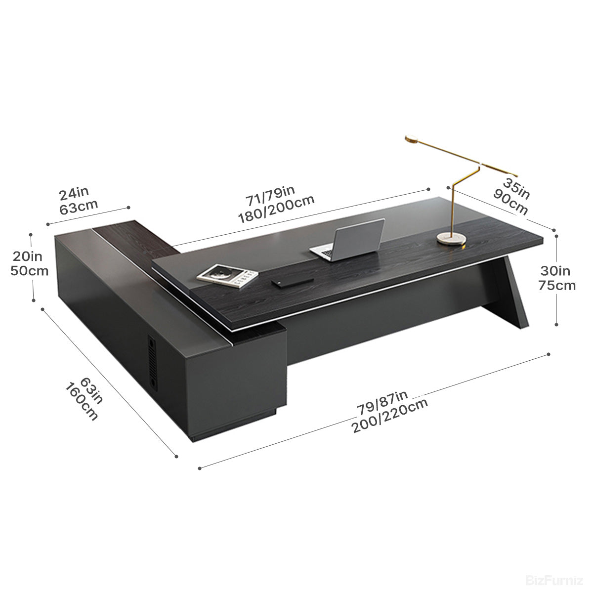 L-shaped Executive Desk with Cable Management and Side Cabinet product view 9