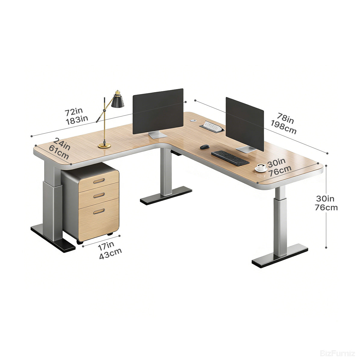 200cm(L)-shaped Sit-Stand Office Desk with Built-in Power Hub and Under-desk Cabinet product view 4