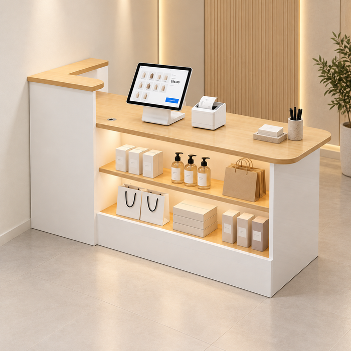 Side view of compact reception desk with raised counter and open display shelves