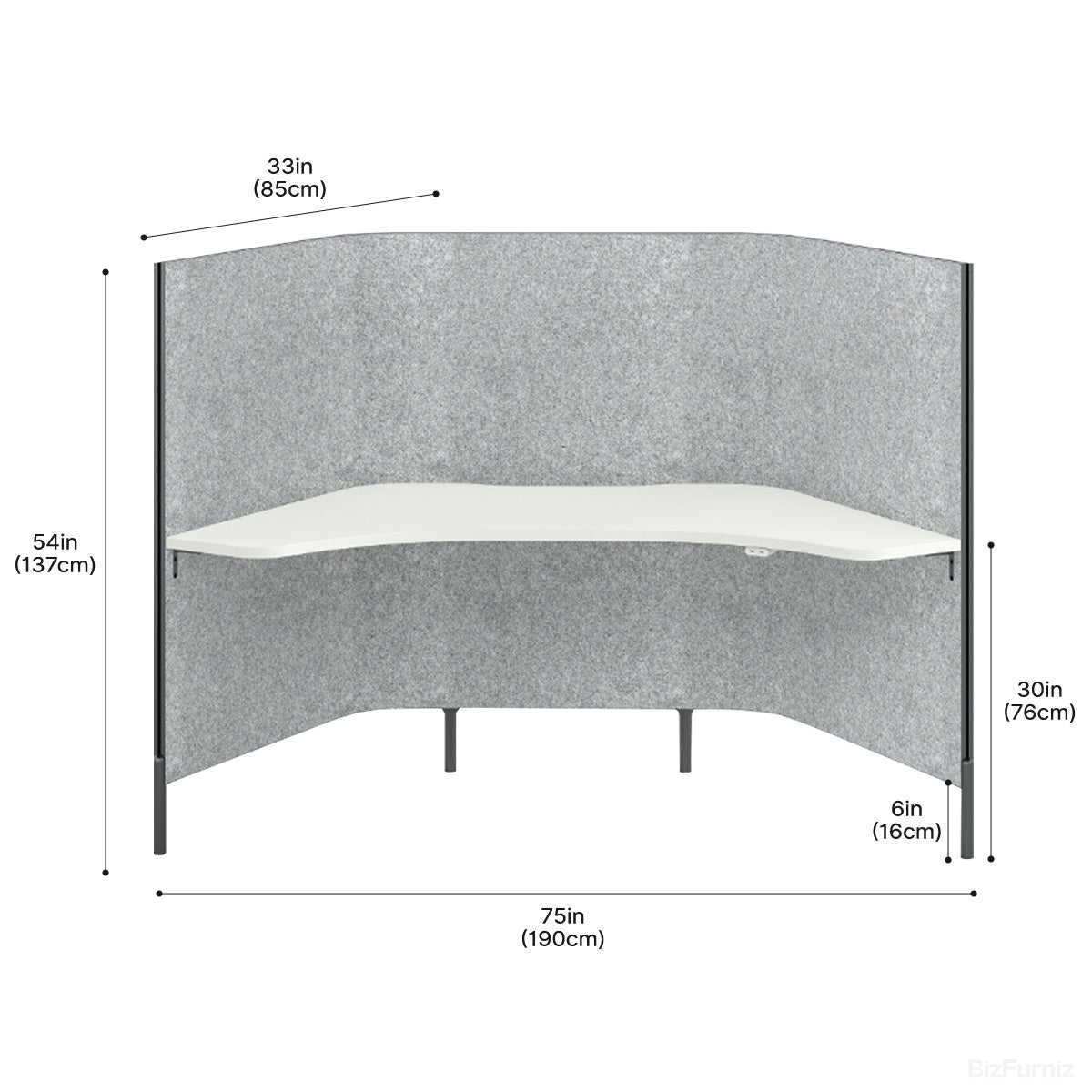 Single Felt Office Workstation with Dimensions