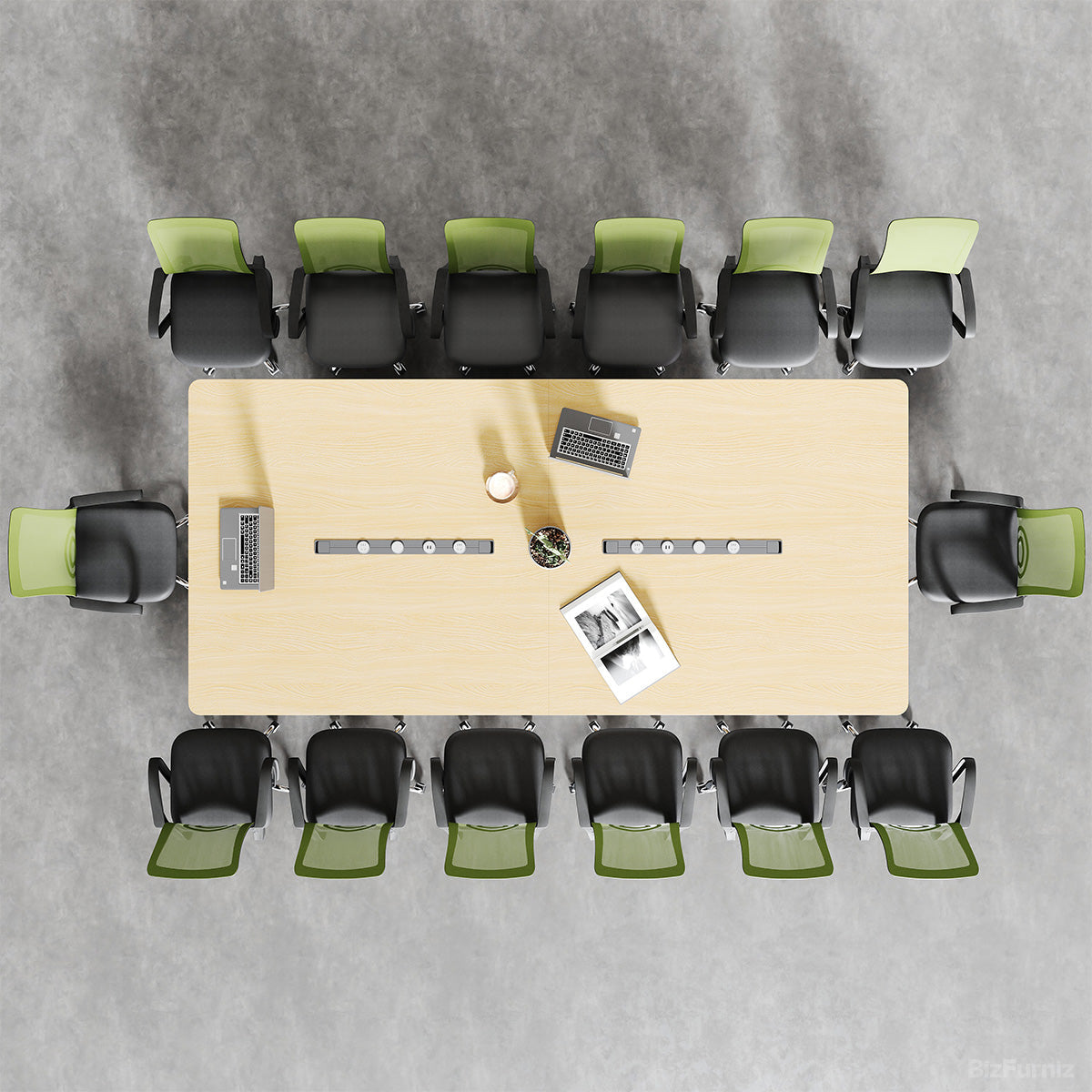 Spacious Light Wood Conference Desk, Full Overhead Shot