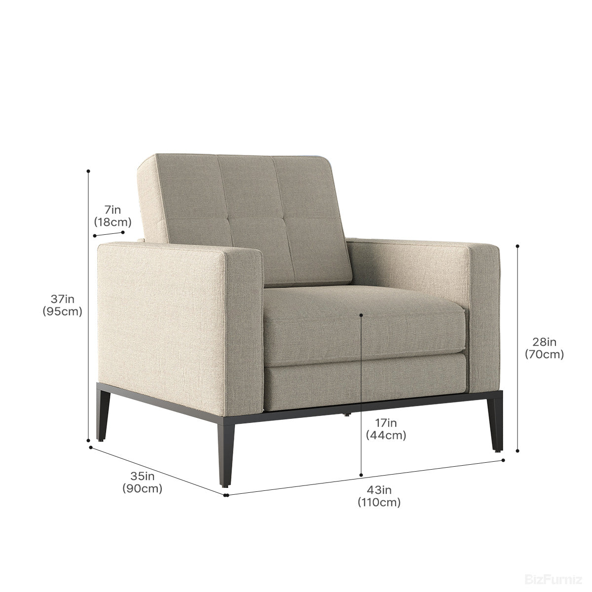 Beige Fabric Armchair with Dimensions
