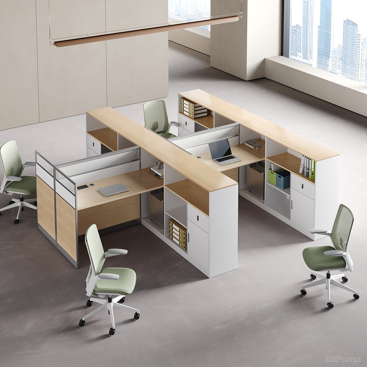 Modern office workstation desks and chairs in a bright room