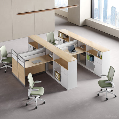 Modern office workstation desks and chairs in a bright room