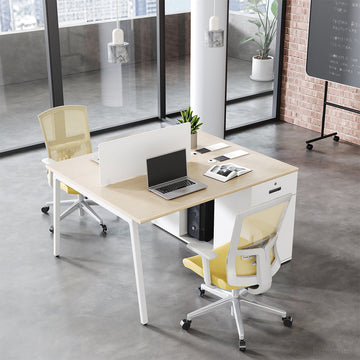 Modern 2-person workstation with a desk, chairs, and a laptop in a bright room.