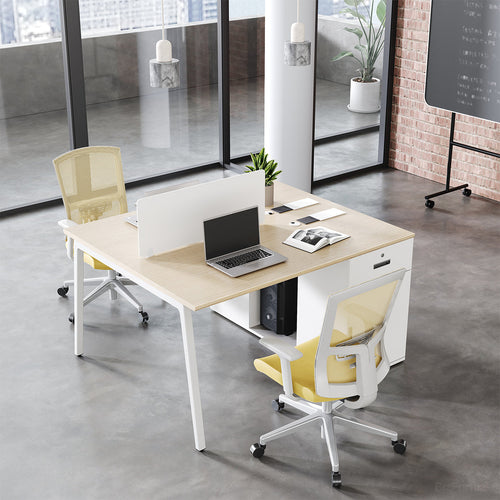 Modern 2-person workstation with a desk, chairs, and a laptop in a bright room.