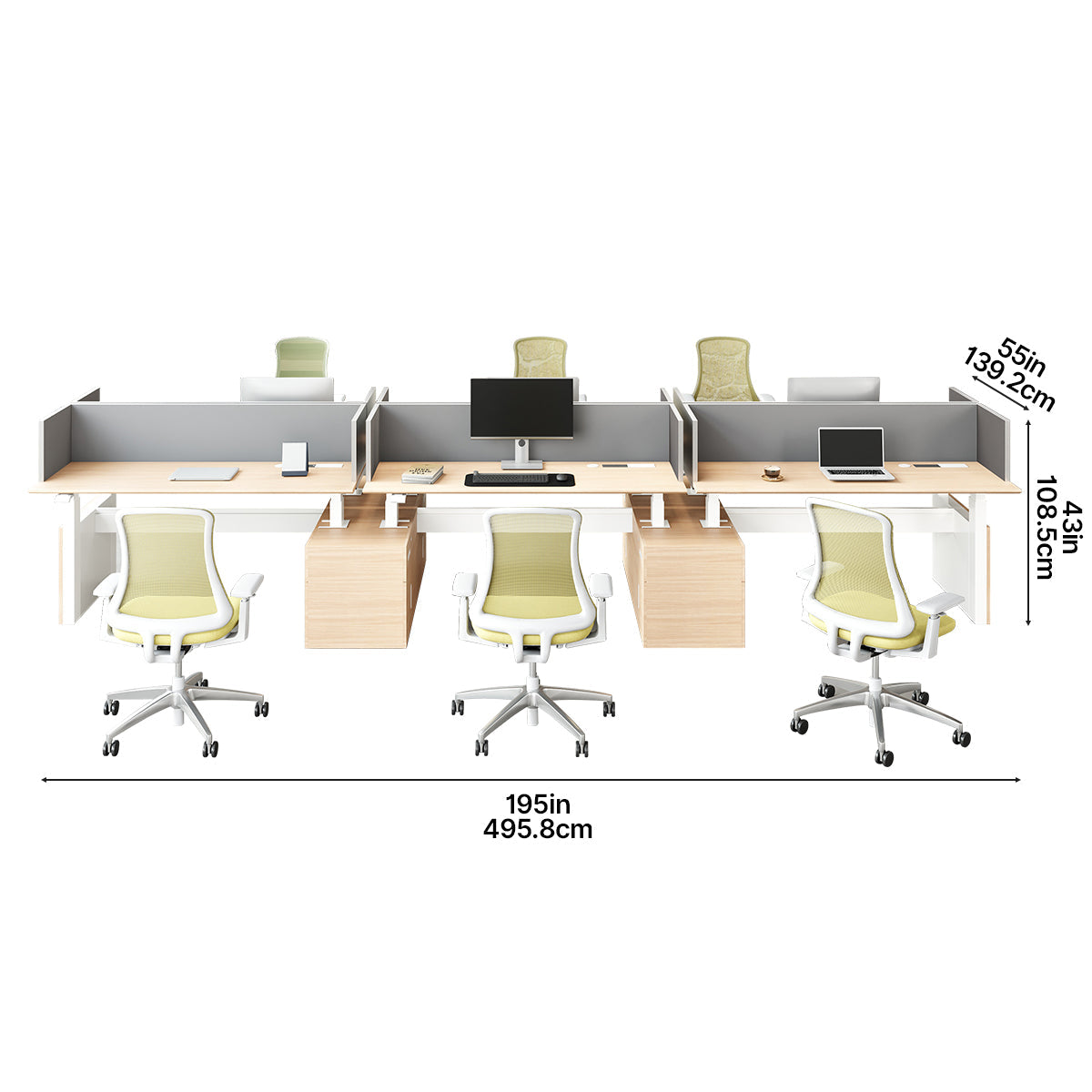 Modern office workstation desk with chairs and dimensions labeled