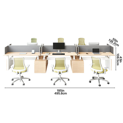 Modern office workstation desk with chairs and dimensions labeled