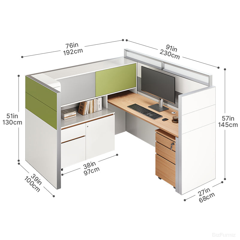 Executive L-Shaped Cubicle Office Desk with Overhead Storage, Integrated Bookcase, and Secure Mobile Filing Cabinet