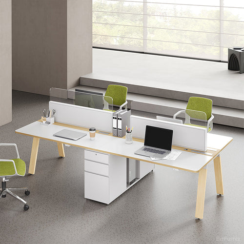 Dual-Station Modular Office Desk with Integrated Storage and White Privacy Screens for modern office workspace