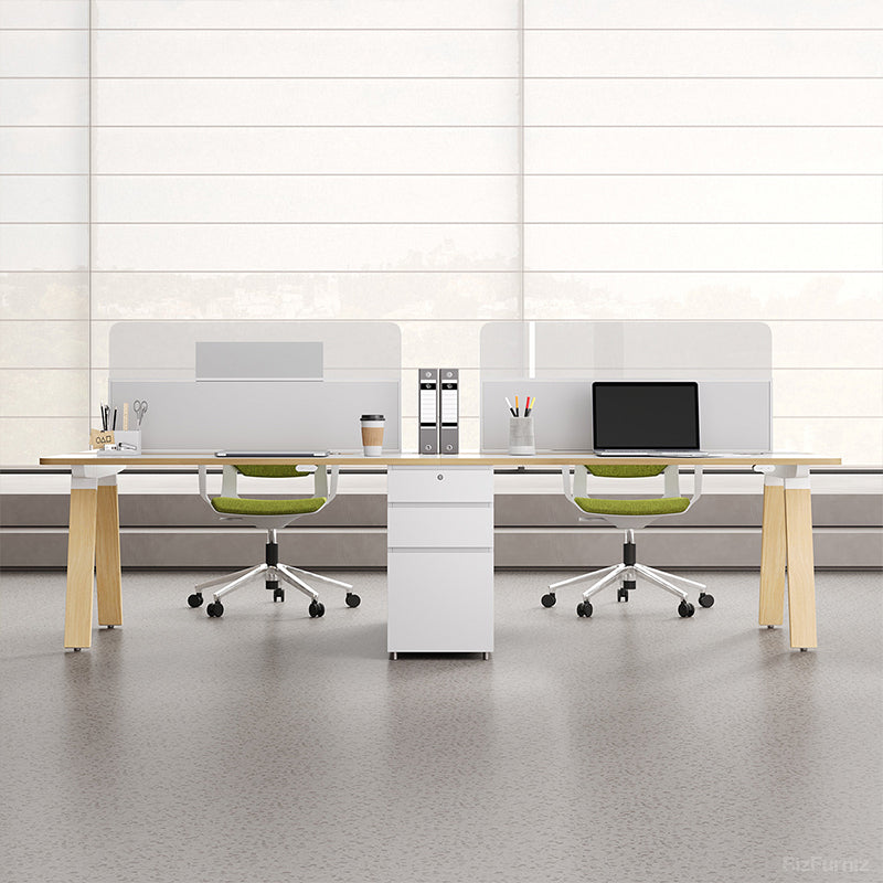 Dual-Station Modular Office Desk with Integrated Storage and White Privacy Screens product view 9