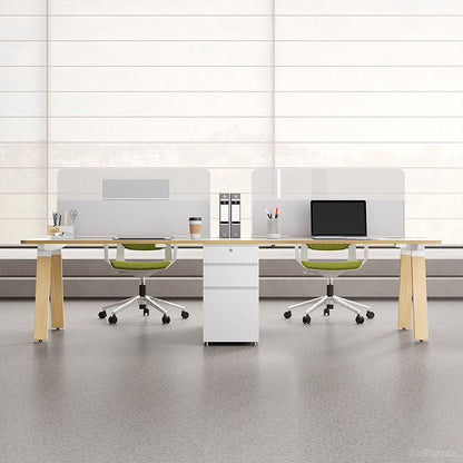 Dual-Station Modular Office Desk with Integrated Storage and White Privacy Screens product view 9
