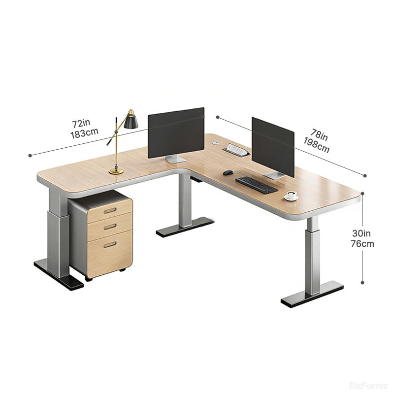 198cm(L)-shaped Sit-Stand Office Desk with Built-in Power Hub & Mobile Under-desk Cabinet (76cm-120cm(H))