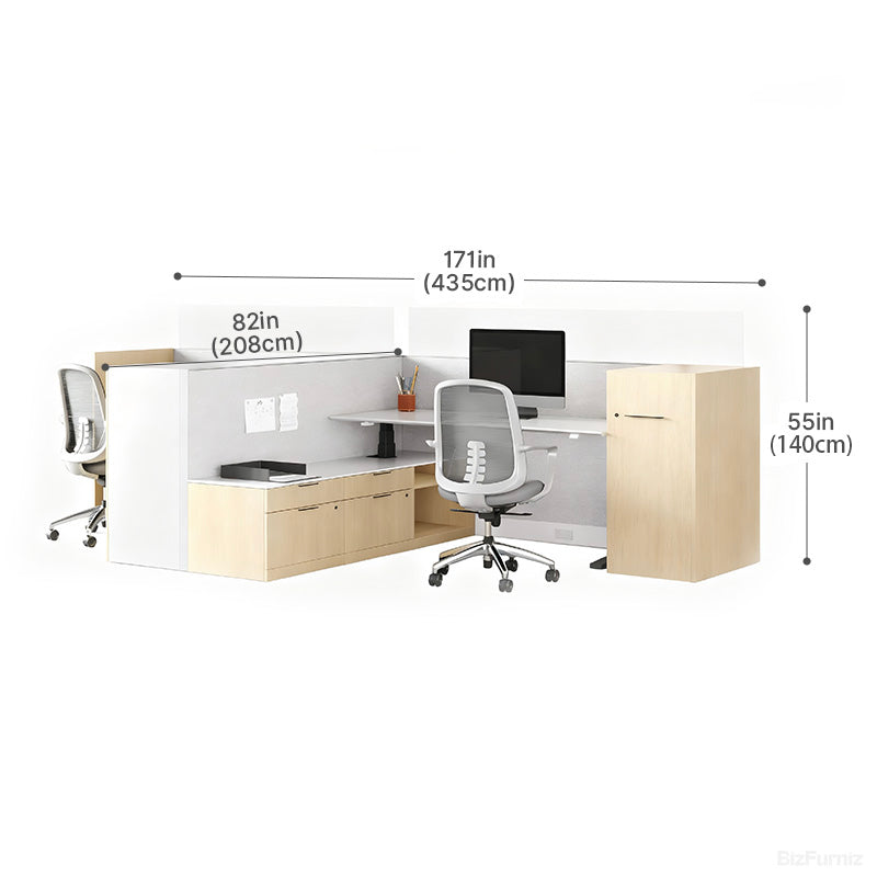 435cm Sit Stand Desk, L-shaped Office Workstation for Two with Partition Boards & Storage Cabinet