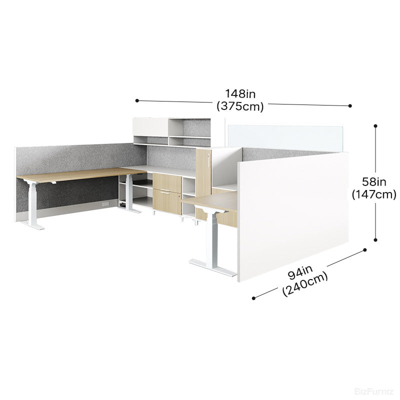 2-Person Height-adjustable Office Workstation Desk with Open Shelving, Cabinet & USB Port (375cm x 240cm)