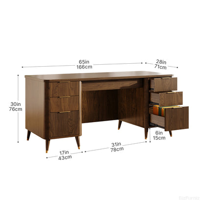 Wooden desk with dimensions labeled on a white background