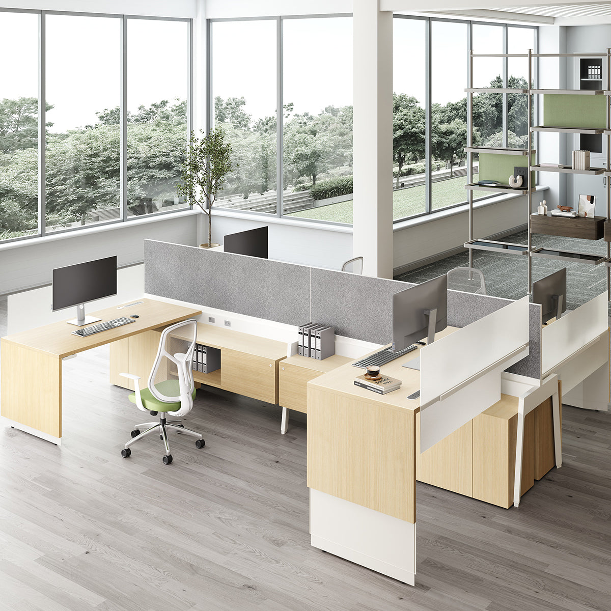 Modern 4-person office layout with desks, chairs, and large windows.